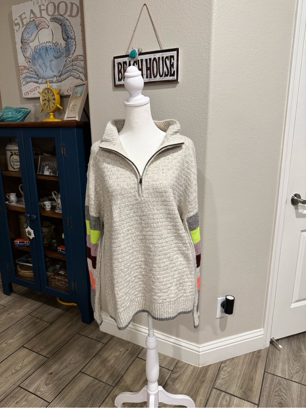 CAbi Light Gray Quarter Zip Sweater with Neon and Berry Sleeve Blocks - Picture 7 of 7